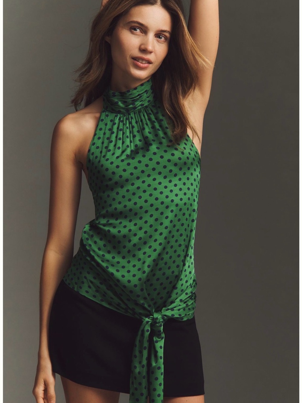 Maeve Bright Green Polka Dot Asymmetrical Tie Skirt